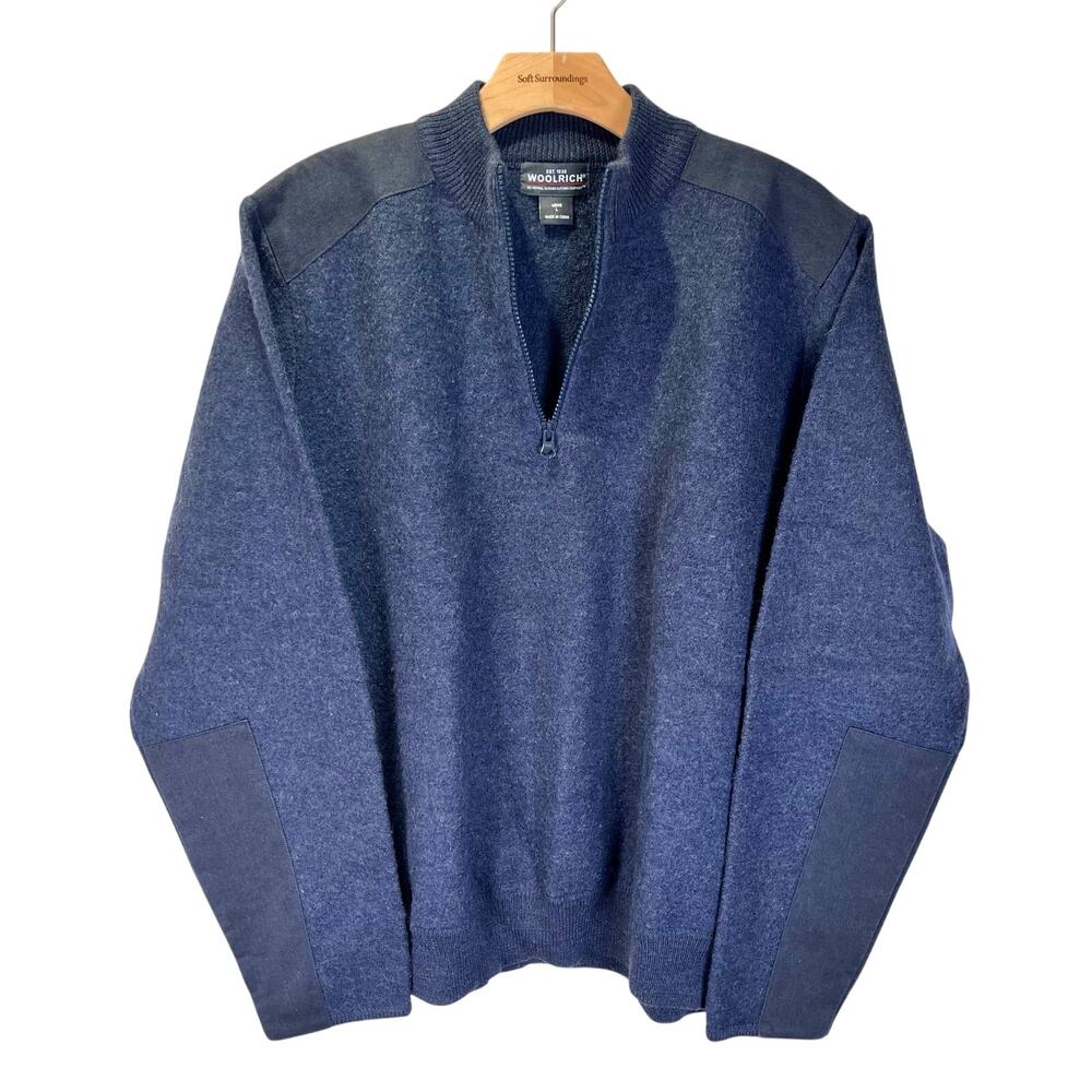 Woolrich Pure Wool Sweater Sz L Marled Knit Patches Outdoors Fisherman Zip Thick